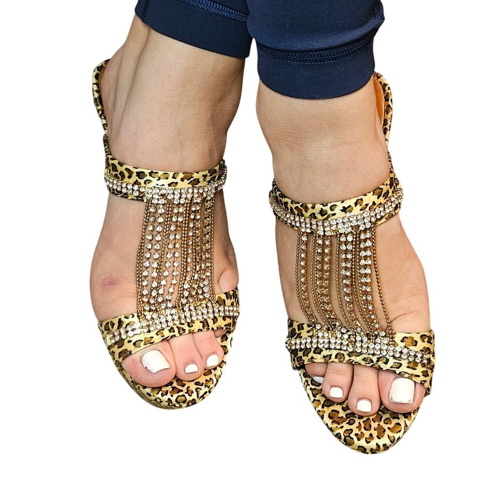 Amugguccil 39/8-8.5 Leopard Print High Heels Gold Rhinestone Chains Platform J77